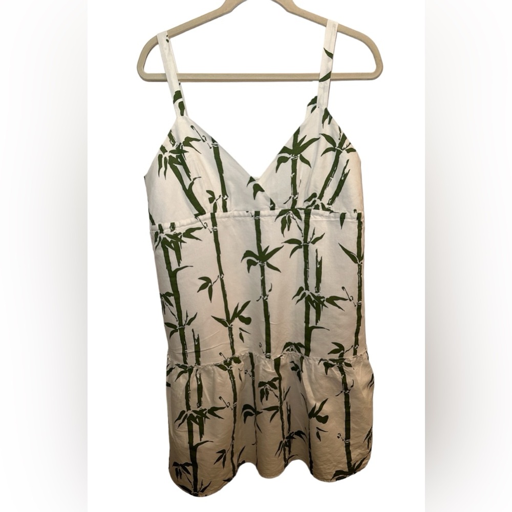 Banana Republic White With Green Linen Dress Bamboo Print Size Medium Sundress